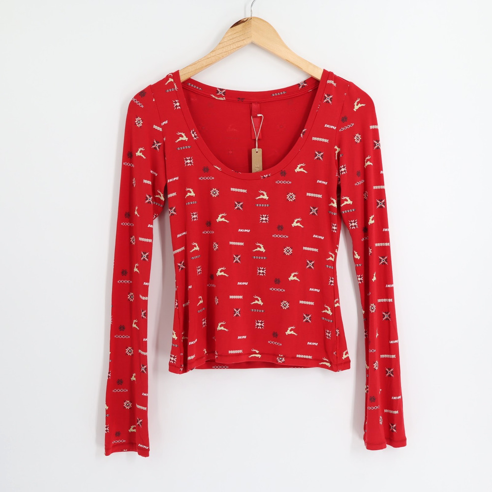 Skims NWT Sleep Scoop Neck Top Cranberry Vintage Deer Print Sz S - Picture 2 of 11
